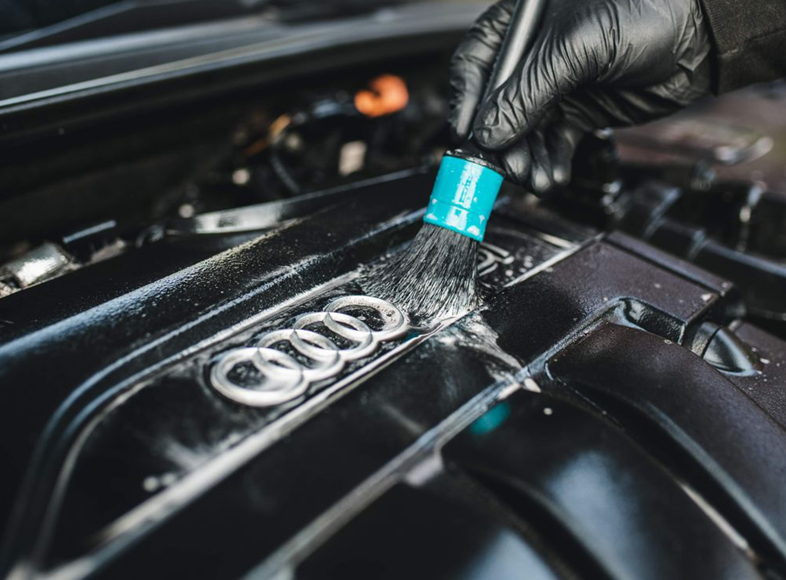 cleaning engine bay at car wash